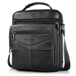 SPAHER Sacoche Homme Cuir V&eacute;ritable Sacoche Homme Bandouliere Pochette Homme Grand Sac Bandouli&egrave;re Homme Sac Port&eacute; Epaule Sacs Business Sacs &agrave; Main Voyage pour Ipad 11 Pouces Noir (SPAHER GROUP-FR, neuf)