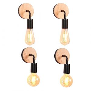 iDEGU Lot de 4 Applique Murale Interieur Industrielle LED Lampe Murale Vintage en Bois Métal E27 Luminaire Applique Rétro pour Salon Chambre à Coucher Couloir Salle de Bain (Type B, Noir, 4 Pack) (IDEGU, neuf)