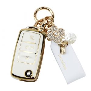 Anevios Protège Clef de Voiture avec Porte Clés 3 Boutons TUP Compatible avec VW Golf 5 6 Polo Touran Touareg Passat MK6Caddy Jetta Scirocco Skoda Seat Coque Clé VW étui pour Clé de Voiture (Blanc) (YINGCHIKJ, neuf)