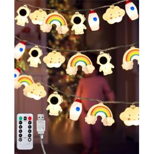 AceList Guirlande lumineuse pour enfant - 3 m - 20 LED - Avec batterie et minuterie USB - Blanc chaud - 8 modes - Guirlande lumineuse astronaute fusée nuages arc-en-ciel - Pour chambre d'enfant, (Surethingz EU, neuf)