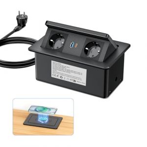 Prise Encastrable Bureau avec Chargement sans Fil 15 W, Multiprise Electrique USB C PD 20W, 2 Prises avec 2 Ports USB, Câble 2m, Noir (Ohuo-JM, neuf)