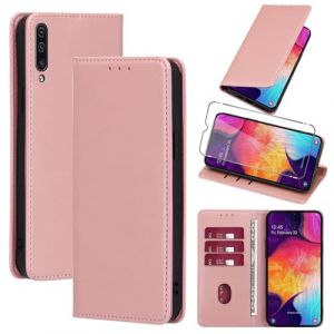 Vauki Coque Cuir pour Samsung Galaxy A50/A30S/A50s 6.4" avec 1 Verre Tremp&eacute; Etui &agrave; Rabat en PU Porte-Cartes Portefeuille Support Flip Housse Magn&eacute;tique Antichoc Anti-Rayures Case,Rose_Gold (HARMONIQUE WAY, neuf)