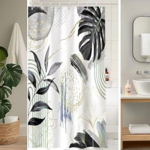 Uiiooazy Rideau Douche Anti Moisissure, Rideau Douche 120x180cm Noir Tropicale Feuilles de Palmier Jungle Abstrait Rideaux de Baignoire Tissu Lavable Imperm&eacute;able Rideaux Salle de Bain avec 8 Crochets (dongguibinjingpinxiaodianpu, neuf)