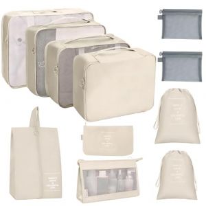 11PCS Organisateur De Valise, &Eacute;tanche Organisateur De Voyage, Sac Rangement Valise, Organiseurs De Bagage, Organisateur Valise Pour V&ecirc;Tements Cosm&eacute;Tique Chaussure (Beige, Gris) (XiangLaiTa, neuf)