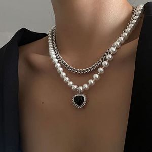 Wendalern Collier Ras Du Cou En Perles Superposées Collier Pendentif Coeur En Cristal Noir Collier En Fausse Perle Collier Coeur D'amour Collier Collier De Perles Argentées Vintage Bijoux Pour Femmes (Wendalern, neuf)