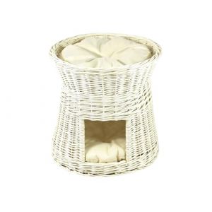 Panier pour Dormir Chat – Niche pour Chats à l'intérieur – Diamètre : 50 cm Ronde – Cave pour Chats en Osier – Lit à Deux Niveaux pour Chat ou Chien avec Coussins lavables en écru – Panier Blanc (Damian-Wiklina, neuf)