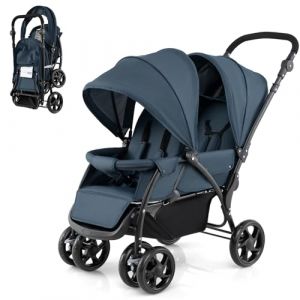 COSTWAY Poussette Tandem Double Pliable avec Auvent & Dossier Réglable, Poussette Landau Bébé avec Ceinture de Sécurité, Roues Verrouillables avec Freins, Pliable à une Main, Charge 30kg (Bleu) (FDS GmbH, neuf)