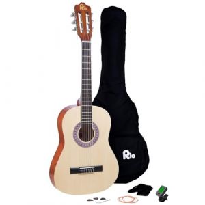 Rio Guitare classique 3/4 Natural pour enfants débutants – Convient pour les enfants de 9 à 12 ans – Comprend un sac, une sangle, des médiators (RayGar, neuf)