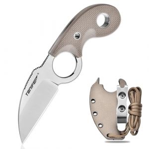 TONIFE Crescent Couteau de cou Couteau d'extérieur Lame fixe en acier 8Cr14MoV avec étui Lanyard et clip Couteau Full Tang Couteau de survie (Sable Chaud+Satin) (HARNDS&TONIFE, neuf)