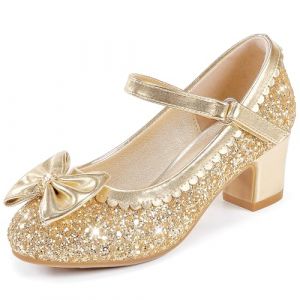 LAURMOSA Chaussures Talon Enfant Fille Chaussure Princesse Fille Mary Jane Talon Enfant Princesse N&oelig;ud Dor&eacute; 31 Paillettes Mariage Anniversaire Festivit&eacute; Danse Soir&eacute;e Tenue C&eacute;r&eacute;monie (FRL1036SeGold 1) (Tentops, neuf)