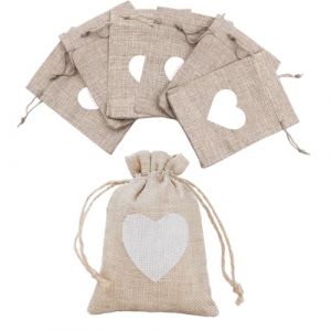ZORVYN Sacs en Lin, 6 pièces, Pochon, Sachets en Jute avec cordon de serrage, Sac Jute Dragees, Offrir, Cadeaux Anniversaire Mariage Fête, pour remplir, design cœur (10 x 8 cm) (couleur lin) (SESINEND, neuf)