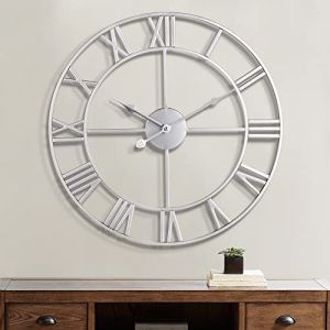 Chiffres Romains Modernes Grandes horloges murales Horloge Murale silencieuse en métal Rond sans tic-tac pour Salon, Cuisine, Chambres, horloges murales Vintage de Jardin, décor Noir 40 cm (Jia Mi Home INC. FR, neuf)