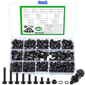 Lot de 400 vis M5, vis à bride, écrous, vis hexagonales et écrous, vis à tête bombée avec écrous à bride, avec rondelles, noir assortiment fileté (HongLeMaoYi, neuf)