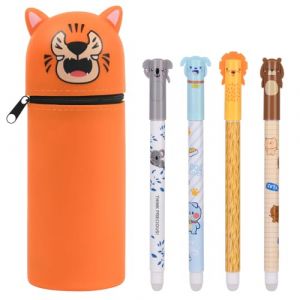 OFFCUP Trousse à Crayons et 4 Stylos Gel Effaçable, Jolie Trousse d'école en Silicone Verticale Motif Animal Trousse Porte-Stylos de Table Ensemble de Papeterie pour Filles Garçons (Tigre) (HOOCHE, neuf)