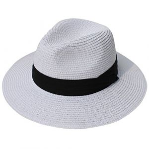 DRESHOW Femme Homme Chapeau de Paille Panama Chapeau Été Large Bord Chapeau de Soleil Anti-UV pour Plage Voyage Fedora Chapeau de Soleil,Taille unique,Panama White (Dreshow, neuf)