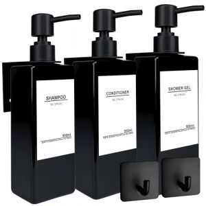 HCYWOC 3 Pi&egrave;ces Distributeur Savon Mural sans Percage, Distributeur de Savon Mural avec 32 &Eacute;tiquettes Imperm&eacute;ables, 500ml Distributeur Gel Douche Mural, Distributeur Savon Salle de Bain, Noir (HCYWOC, neuf)