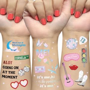 Ovasorve Eras Party Tatouages temporaires – 62 styles irisés | Décorations d'anniversaire, accessoires de fête pour les fans de concert, cadeaux sur le thème du karma, fournitures de fête pour filles (PINEAPPLE JUICE, neuf)
