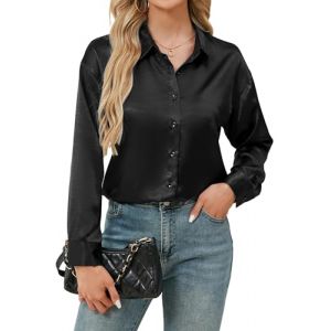 Stamain Chemisier Femme Satin V La Soie &Eacute;l&eacute;gante Blouse Chic Manches Longues Chemise Boutons Ample Manches Longues Chemisier Top Noir XL (ELOOKEUR, neuf)