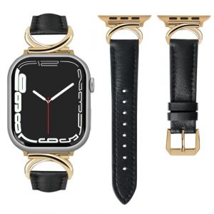 mxiixnai Compatible avec Le Bracelet Apple Watch 44mm 45mm 42mm 49mm,Boucle métal en forme de C Cuir Véritable Bracelet Remplacement pour iwatch Series Ultra 2/9/8/7/6/5/4/3/SE,Noir/Or (jczd shop, neuf)