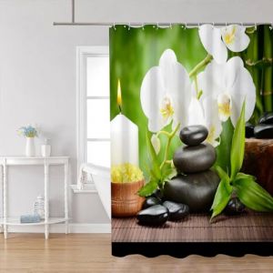 Uiiooazy Rideau Douche Bambou, Rideau de Douche Anti Moisissure 180x180cm Feuilles Vert Pierre Spa Orchidée Blanc Rideaux de Baignoire Tissu Lavable Imperméable Rideaux Salle de Bain avec 12 Crochets (dongguibinjingpinxiaodianpu, neuf)
