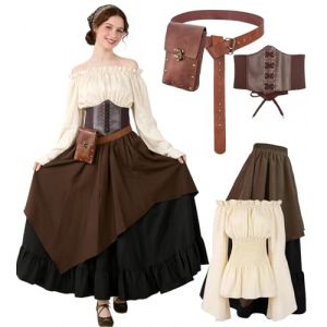 D&eacute;guisement M&eacute;di&eacute;val Femme, Robe longue style Renaissance avec corset, blouse &agrave; &eacute;paules d&eacute;nud&eacute;es, ceinture et bourse vintage, Costume victorien pour Carnaval, Cosplay et F&ecirc;te m&eacute;di&eacute;vale (Brown, L) (ToyVibe, neuf)