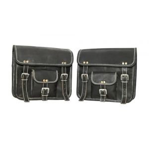 Lot de 2 sacoches de moto bleu am&eacute;ricain en cuir v&eacute;ritable, sacoche de selle, sacoche de v&eacute;lo, sacoches de fourche vintage, amateurs de v&eacute;lo (Paire noire avec coutures blanches) (American blue, neuf)