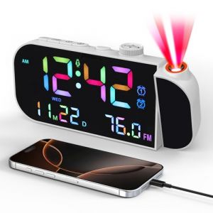 Yaskyly Reveil Projecteur avec Radio Horloge Num&eacute;rique Radio Reveil Projecteur avec FM Num&eacute;rique, Double Alarme et &Eacute;cran LED de 8, Snooze, 4 Niveaux de Luminosit&eacute;, 12/24h pour Maison Bureau (Blanc) (Yaskyly, neuf)