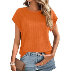 Cuptacc T-shirt Femme Chemisier Femme &Eacute;t&eacute; &Eacute;l&eacute;gant 2025 Mode Broderie Perfor&eacute;e Top Manches Courtes Haut Tunique D&eacute;contract&eacute;e, Orange2., L (CuptaccFashion, neuf)