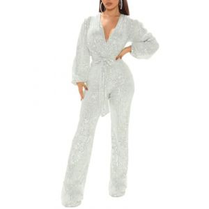 seiveini Femme Combinaison &agrave; Manches Longues Jumpsuit &agrave; Col V Bandage Grand Taille Pantalon &Eacute;troit Pants &Eacute;lastique Combishort Taille Haute Une pi&egrave;ce Blanc XL (BgandDesign, neuf)