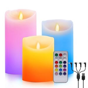 Bougies LED sans Flamme, Bougies à LED Blanc Chaud et Multicolore Véritable Chandelles USB Rechargeable avec Télécommande Minuterie, Lampe bougie pour Décoration Intérieur Maison Chambre (3 pcs) (ALED LIGHTING, neuf)