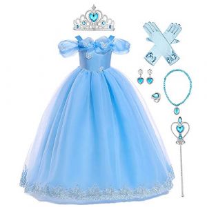 Odizli Costume de Cendrillon pour enfant fille - Robe de princesse papillon en tulle - Robe de bal longue pour Halloween, Noël, carnaval, fête, cosplay + accessoires, bleu, épaules dénudées, 11-12 ans (Odizli store, neuf)