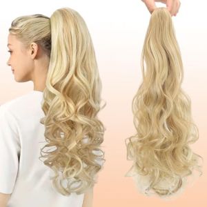 Webshaiy Extension Cheveux Naturel Longue Ponytail Postiche Cheveux Naturel pour Femmes, 55cm Ondulée Lâche Claw Clip Postiche Queue de Cheval Synthétique Queue Cheval Blond Sable et Blond Décoloré (Webshaiy, neuf)