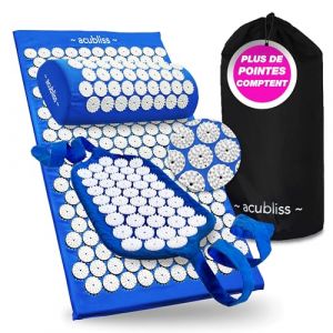 Acubliss Acupression Tapis et Oreiller Ensemble et Sangle, Massage Tapis pour Cou et Dos Soulagement Douleur, Acupuncture Tapis et Oreiller pour Augment&eacute; &Eacute;nergie, 3 Pi&egrave;ces, Transport Sac, Profond Bleu (Bed of Nails, neuf)