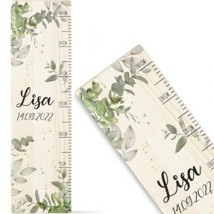 GRAVURZEILE Toise pour enfant en bois - Design feuilles - Avec nom et date pour chambre d'enfant - &Eacute;chelle mesure 80 &agrave; 140 cm - Dimensions : 20 x 70 x 2 cm - Cadeau de naissance pour filles et gar&ccedil;ons (GRAVURZEILE, neuf)