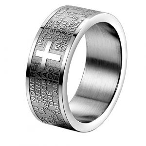JewelryWe Bague Homme Femme Acier Inoxydable,Bague Croix Chr&eacute;tienne Grav&eacute; de Pri&egrave;re Latine &laquo;Notre P&egrave;re&raquo;,Anneaux Fantaisie pour Homme et Femme Couleur Argent avec Sac Cadeau(Taille de Bague 51.5) (JewelryWe Bijoux, neuf)