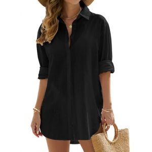 Vancavoo Robe de Plage Femme Tunique Plage Cache Maillot de Bain Été Chemise Longue Boutonnée Cache-Maillots Bikini Cover Up Vêtements de Plage,Noir,S (XT-Direct, neuf)