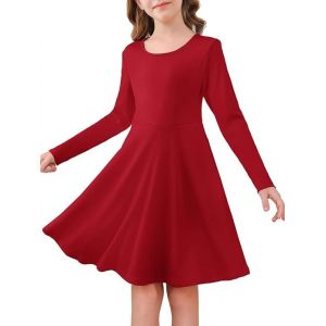 Haloumoning Robe pour fille &agrave; manches longues et col rond - Robe d&eacute;contract&eacute;e - Ligne A - &Eacute;l&eacute;gante - Couleur unie - Robe midi festive - Mariage - Robe pour enfants de 5 &agrave; 14 ans, rouge, 7-8 ans (Zecio, neuf)