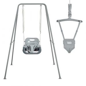 FUNLIO balançoire 2 en 1 pour bébé avec Sièges sauteurs Suspendus, pour Enfants avec 4 Sacs de Sable, Support en métal Pliable en intérieur/extérieur pour Porte, Facile à Assembler - Gris (EletreeEU, neuf)