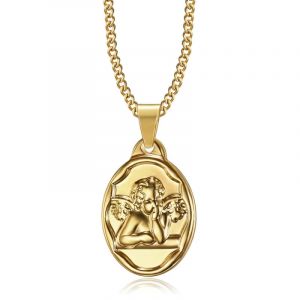 BOBIJOO Jewelry - Pendentif Médaille Ange Gardien Gabriel Baptême Naissance Enfant Bébé Acier Or Doré Plaqué Chaîne (ANGELYK, neuf)