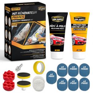Kit de Rénovation Phare & Polisseuse Voiture - Lustreuse, Polish et Nettoyant pour Auto/Moto - Restauration Phare Opaque, Polissage, Protection Anti-UV, Papier à Poncer Inclus pour Finition Parfaite (MILANRO, neuf)