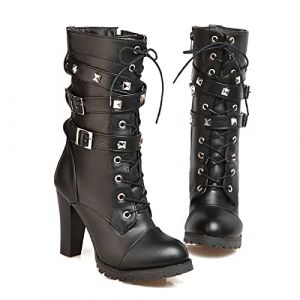 KUHAOFEU Bottines pour Femme Bottes Moto Style Gothique Punk Bottes De Motard avec Fermeture &Eacute;clair Bout Rond Clout&eacute; Cha&icirc;ne &Agrave; Lacets Bottes De Combat,Noir,45 EU (亦博小店, neuf)