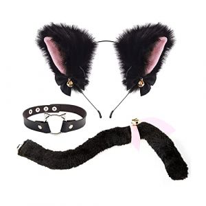 JOERBABU Serre-t&ecirc;te en cuir avec oreilles de renard et queue de chat - Accessoire punk pour Halloween et cosplay (jiushuang, neuf)