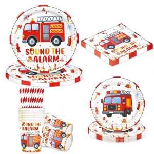 BuyCard Assiettes en carton au motif de dinosaures - Couverts verts - D&eacute;coration d'anniversaire - Assiettes en carton (Camion de pompiers rouge) (BuyCard Store-EU, neuf)