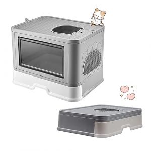 XUANYU Grande Bac à Litière pour Chat Fermée, Grande Maison de Toilette Chat Pliable avec Couvercle, Tiroir à Litière avec Pelle, WC pour Chats, Jusqu'à 7 kg/15 lbs (Gris L-48,5×38×36,5 cm) (XUASHW, neuf)