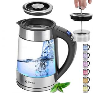 Ecosa Bouilloire et th&eacute;i&egrave;re 2 en 1 en verre et acier inoxydable avec r&eacute;glage de la temp&eacute;rature et passoire &agrave; th&eacute; s&eacute;par&eacute;e - 1,7 l - 2200 W - Sans BPA - Avec choix de la temp&eacute;rature de 40 &deg;C &agrave; 100 &deg;C (Enstore France, neuf)