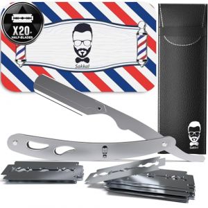 Rasoir &agrave; Barbe Coupe choux |20 Demi-Lames Etui Cuir de Transport |KIT rasoir de barbier manuel professionnel barber Visage classique Entretien a main pr&eacute;cision vintage Traditionnel coiffeur (GRIS) (SAKKAL STORE, neuf)