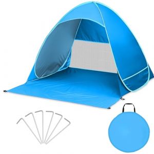 BUOAZR Tente de Plage Pop Up, Protection Solaire UV UPF 50+, Abri de Plage, Protection Contre Le Vent Auto-déployante, Tente Pare-Soleil avec Sac de Transport et Piquets (JELASSI, neuf)