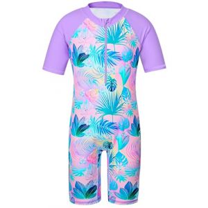 HUAANIUE Filles Maillot de Bain 1 Pièce 2-12 Ans, Anti-UV UPF 50+ Manches Courtes, Fermeture Éclair Frontale, Imprimés Colorés, Idéal pour Plage et Piscine (S253-Feuilles Violettes, 6-8 Ans) (HUANQIU EUR STORE, neuf)