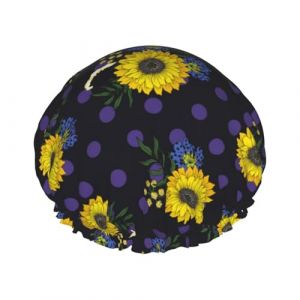 Bonnet de douche pour douche &ndash; Tournesols &agrave; pois violets &ndash; Grand bonnet de douche r&eacute;utilisable et imperm&eacute;able pour femme &ndash; Bonnet de douche double couche pour femme avec doublure en PEVA et corde (SA-Toy, neuf)