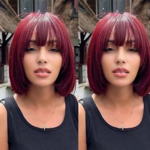 FASHION IDOL Bob perruque de cheveux humains avec frange pour les femmes noires court cheveux raides 20CM naturel noir sans colle machine court bob perruques (TT1B-99J, 25CM) (FASHION IDOL HAIR, neuf)
